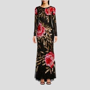 Mac Duggal Black Gown with Red Floral & Gold Leaf Embroidery
